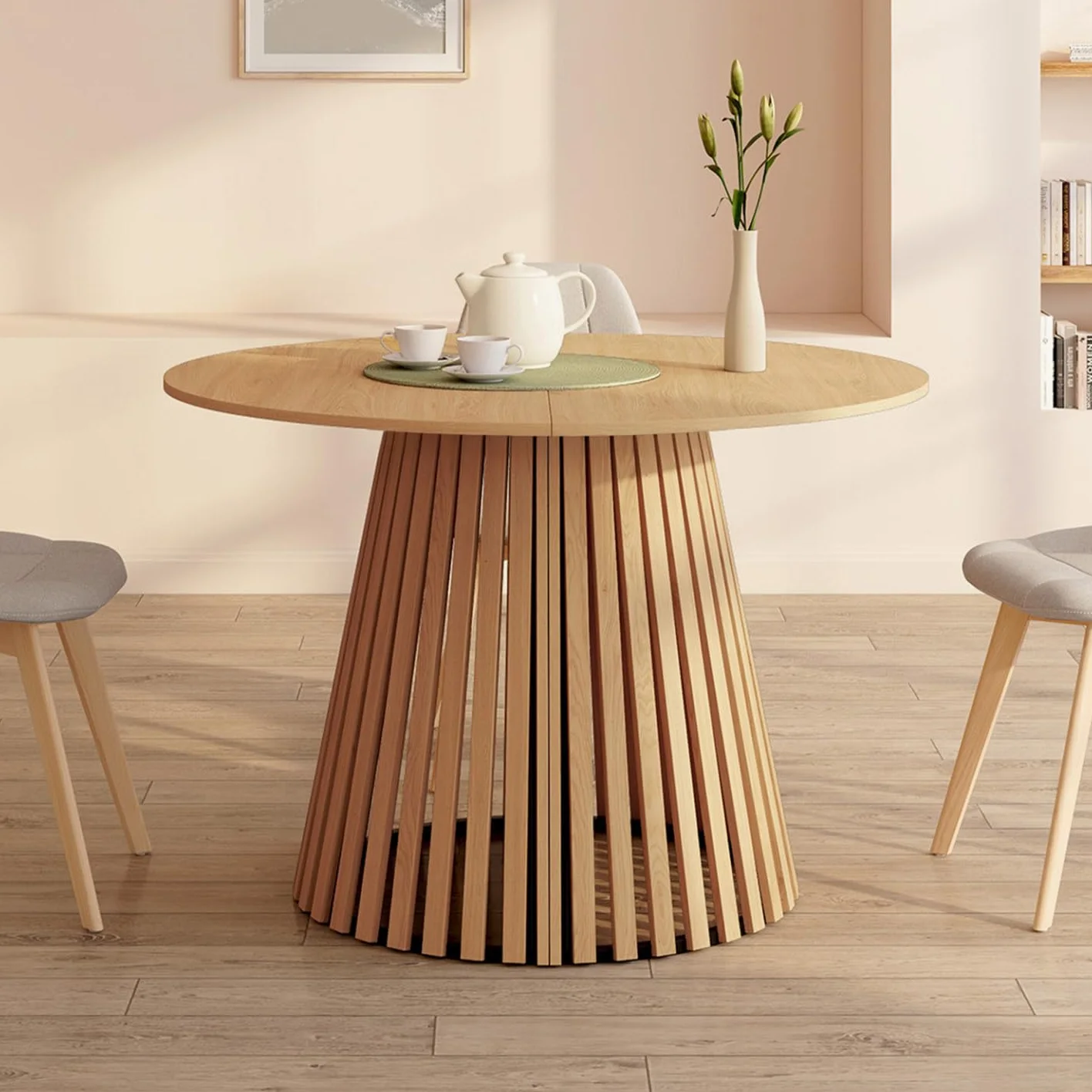 IDMarket - Table à Manger Extensible Ronde Carmen 4-10 Personnes Pied Bois en Lattes et Plateau Bois 110-200 cm