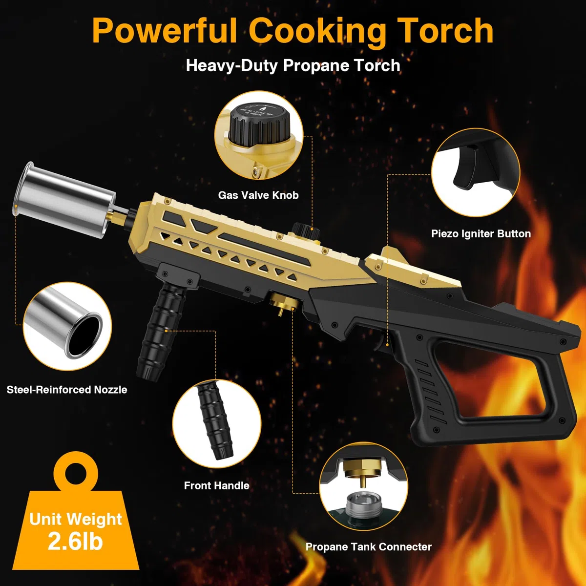 Sondiko Chalumeau de cuisine puissant au propane, briquet de cuisine pour démarrer un feu de camp, brûleur de désherbage réglable pour saisir du steak, barbecue, soudage (Or & Noir) Réservoir de