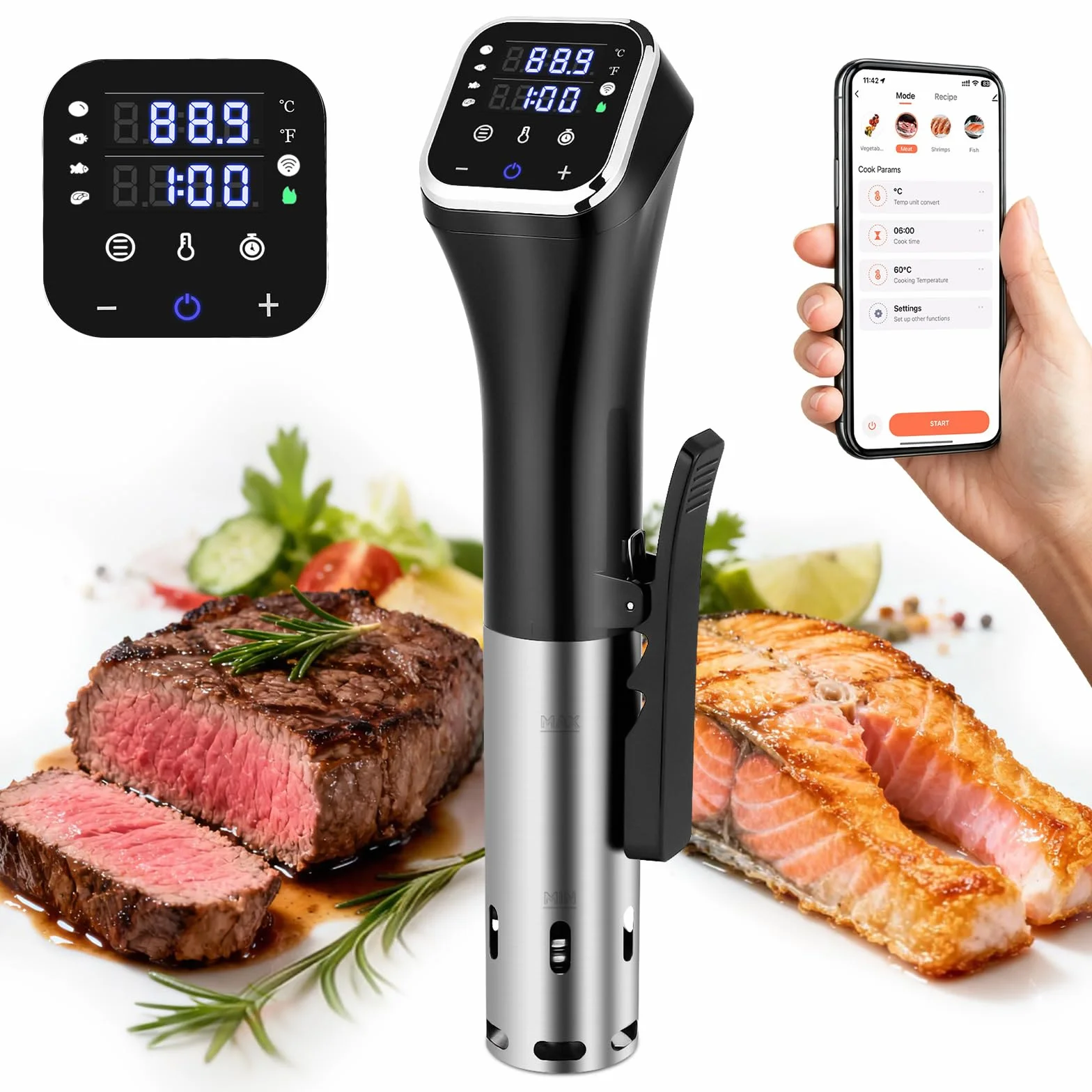 Appareil sous-vide avec cuiseur sans fil de précision : 1100 W, contrôle de la température de l'application de 40 °C à 90 °C, thermostat submersible IPX7 et commande tactile