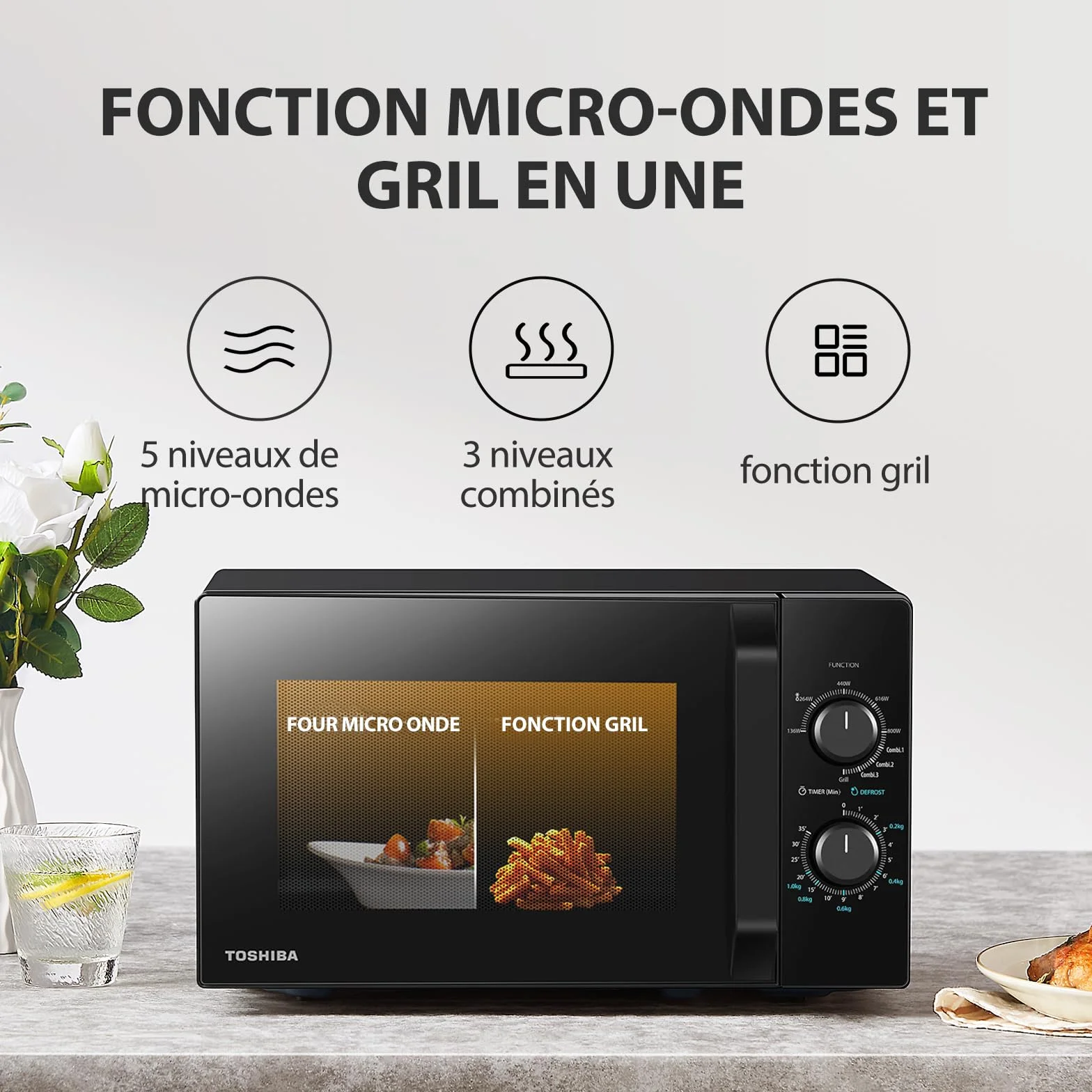 Toshiba Four à micro-ondes 20 L MW2-MG20P(BK), 700 W/1000W Grill, avec Grill Croustillant et Fonction de Cuisson Combinée, 9 Niveaux de Puissance, Ampoule LED, Dégivrage facile, Noir