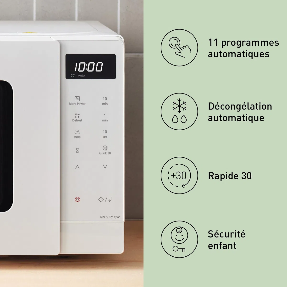 Panasonic NN-ST21QWEPG Four Micro-Ondes Solo 20L avec Plateau en Verre, 800W, Décongélation Automatique, 11 Programmes Automatiques, Affichage LED, 5 Niveaux de Puissance, Minuterie Numérique, Blanc