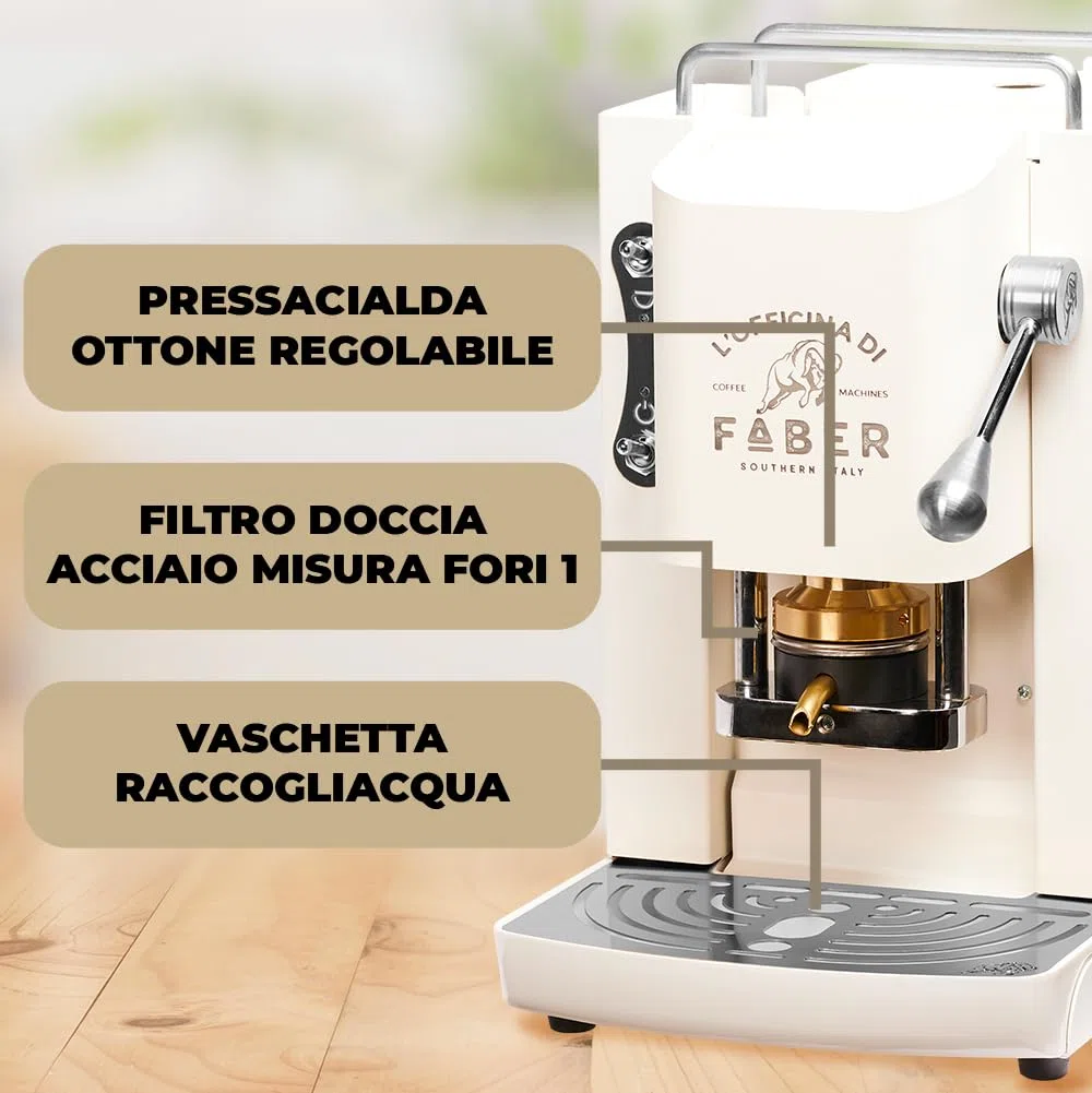 FABER COFFEE MACHINES | Modèle Pro Deluxe | Machine à café à dosettes ese 44mm | Finition Chrome | Pressacialda en laiton (Pure White)