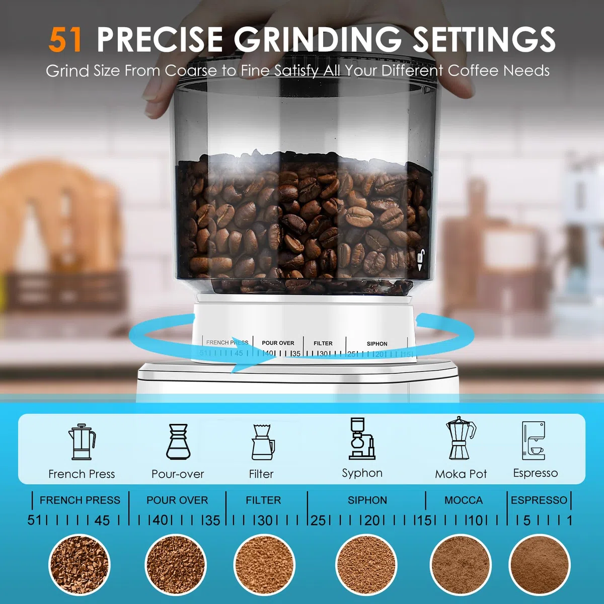 Homtone Broyeur à Café Electrique Conique en Acier Inoxydable, Broyeur de Café à 51 Niveaux Réglables, Broyeur à Café Expresso, Broyeur à Café Automatique Pour Filtre, Noir/Acier Inoxydable