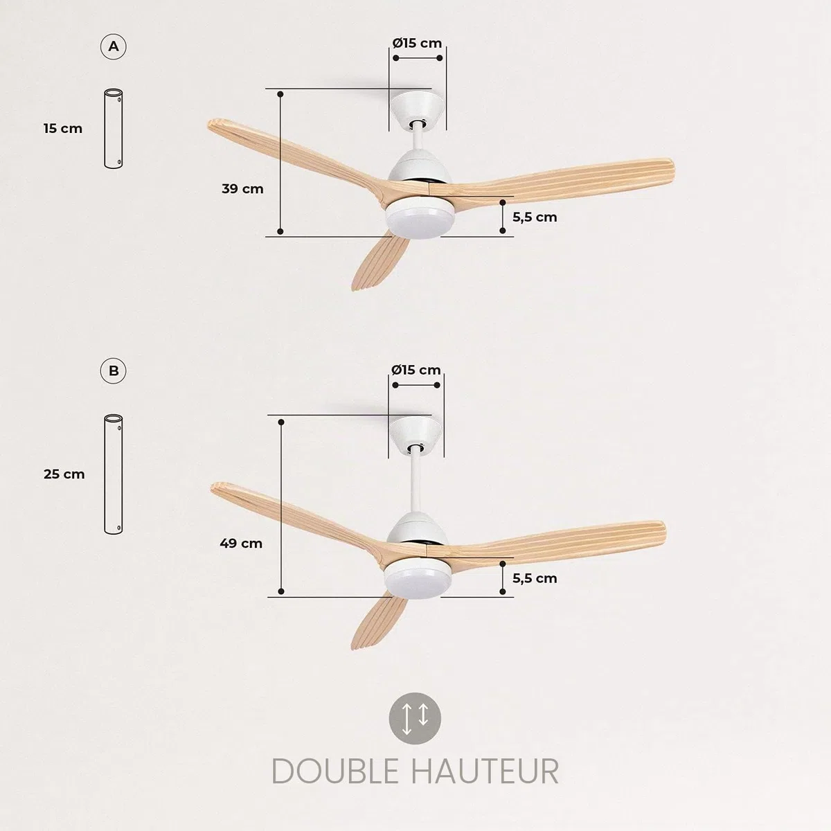 CREATE / WINDCUP/Ventilateur de plafond avec lumière et télécommande, blanc lames bois naturel / 40W, Silencieux, Ø132 cm, 6 vitesses, minuterie, été-hiver, double hauteur, moteur DC