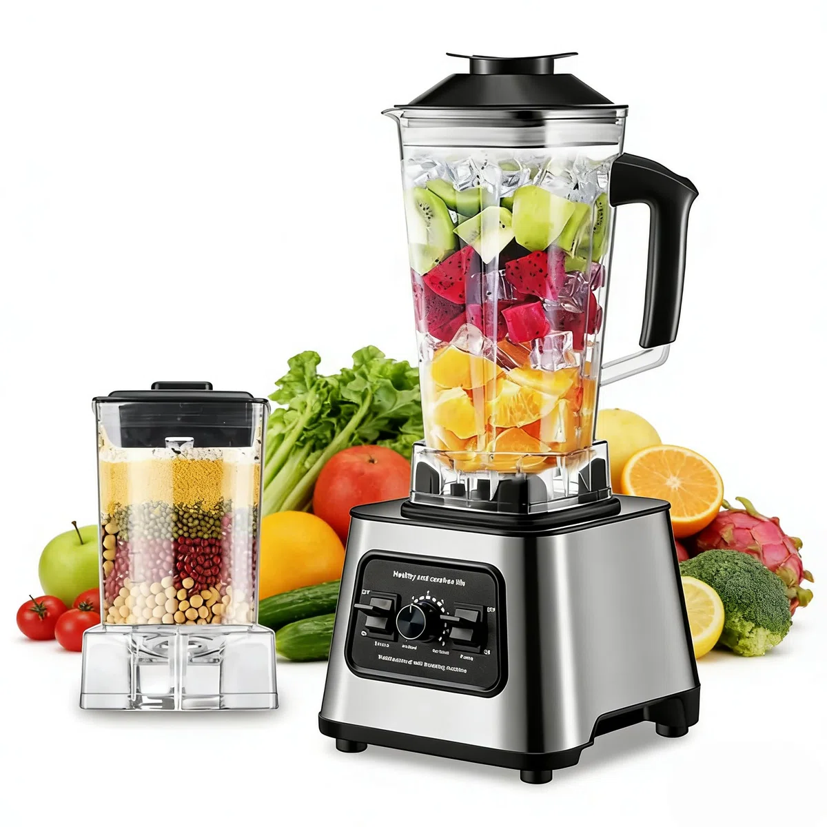 Mixeur Multifonction 6000W, 2 en 1 pour jus et smoothies avec 9 vitesses réglables, 2 pichets, 4 lames en acier inoxydable, mixeur de cuisine pour smoothies, jus de fruits et légumes