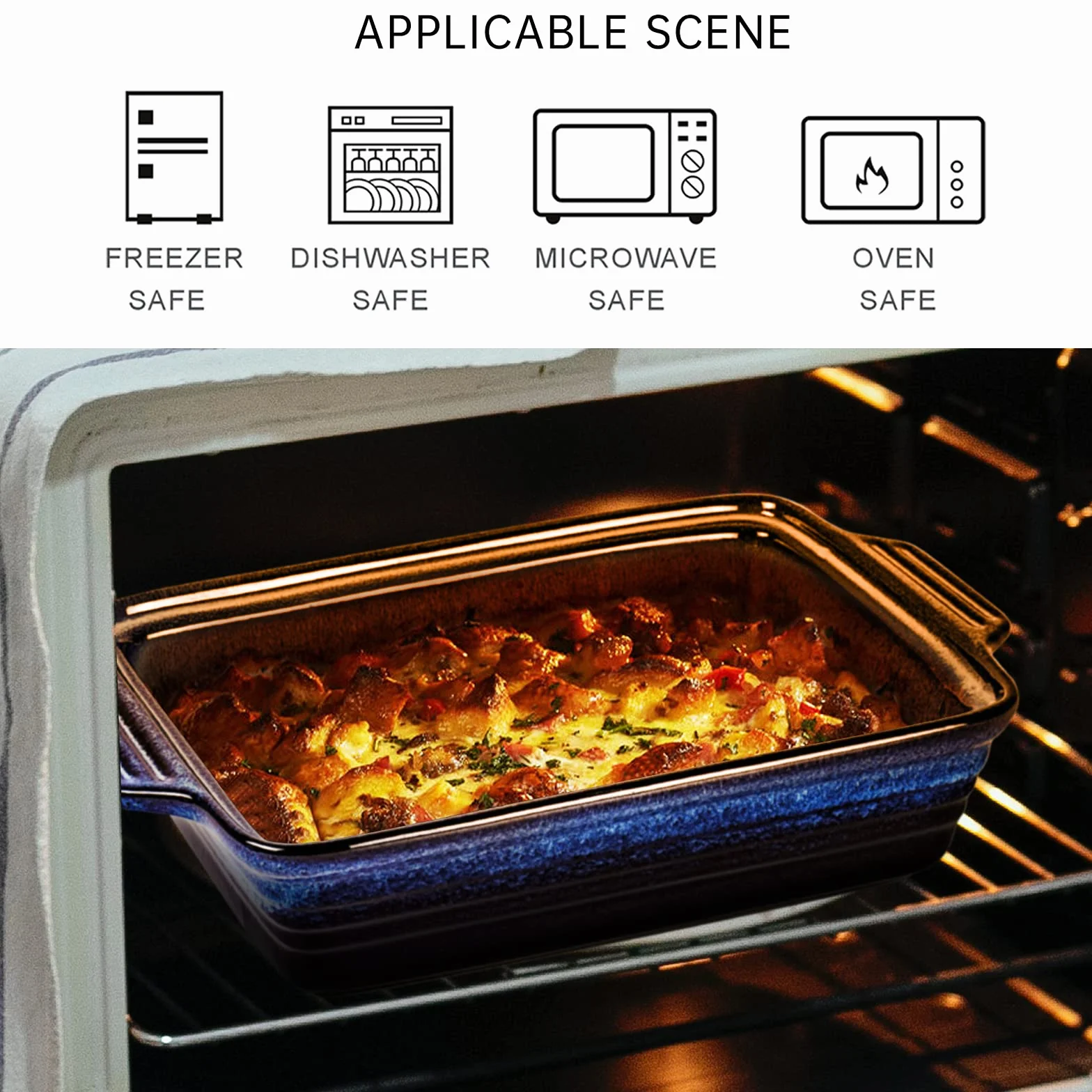 UNICASA Plat à Rôtir Céramique avec Couvercle, Cocotte Rectangulaire Bleu 3000 ML, Moule Passe au Four à Micro-Ondes - Glaçure Réactive, Bleu - 3 L