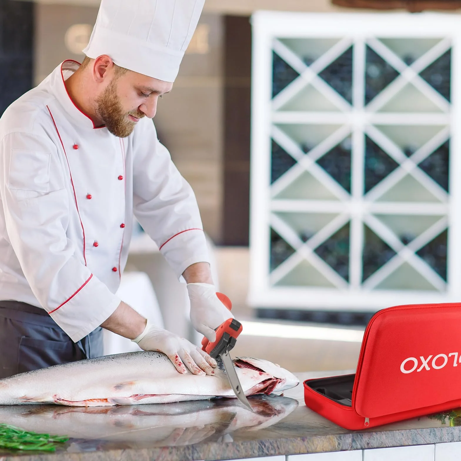 VLOXO Couteau à Filet Électrique, Couteau à Poisson Professionnel avec 4 Lames en Revêtement TiN en Acier Inoxy et Verrou de Sécurité pour Viandes, Poissons, Surgelés et Cuisine