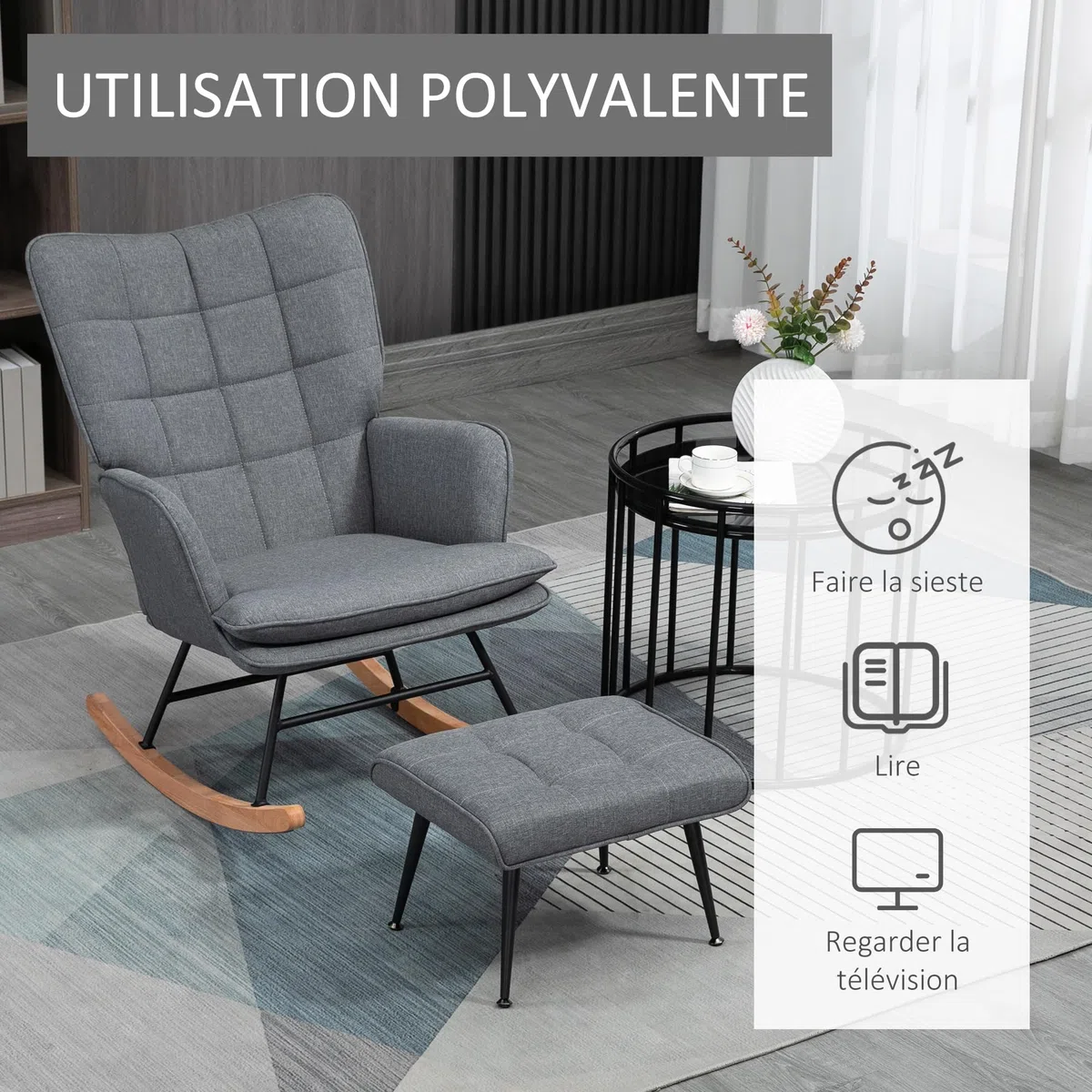 HOMCOM Fauteuil à Bascule avec Repose-Pieds, Rocking Chair en Tissu Aspect Lin, Assise Large, Dossier Haut, Coussin Inclus, Chaise à Bascule pour Salon, Chambre, Gris