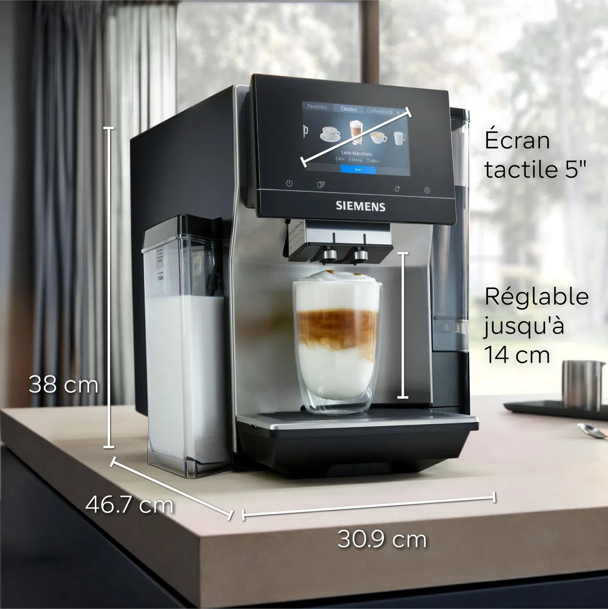 SIEMENS, machine à café à grain automatique, EQ700, écran iSelect, coffeeWorld, Cold Brew, Slow Brew, bac à lait, adaptateur briques de lait, Home Connect, acier inoxydable, blanc, TQ715R03 integral
