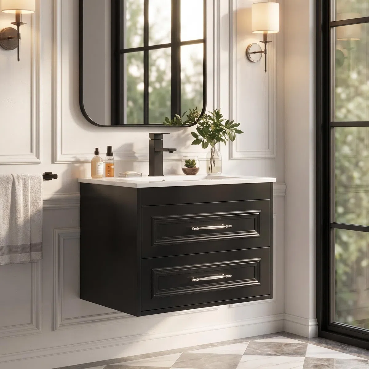YU YUSING 60 cm Ensemble de Meuble de Salle de Bain Suspendu - Lavabo Céramique Blanc Incrusté, Robinet Noir, 2 Grands Tiroirs à Fermeture Douce, Design Moderne, Blanc et Noir, pour Espace Réduit