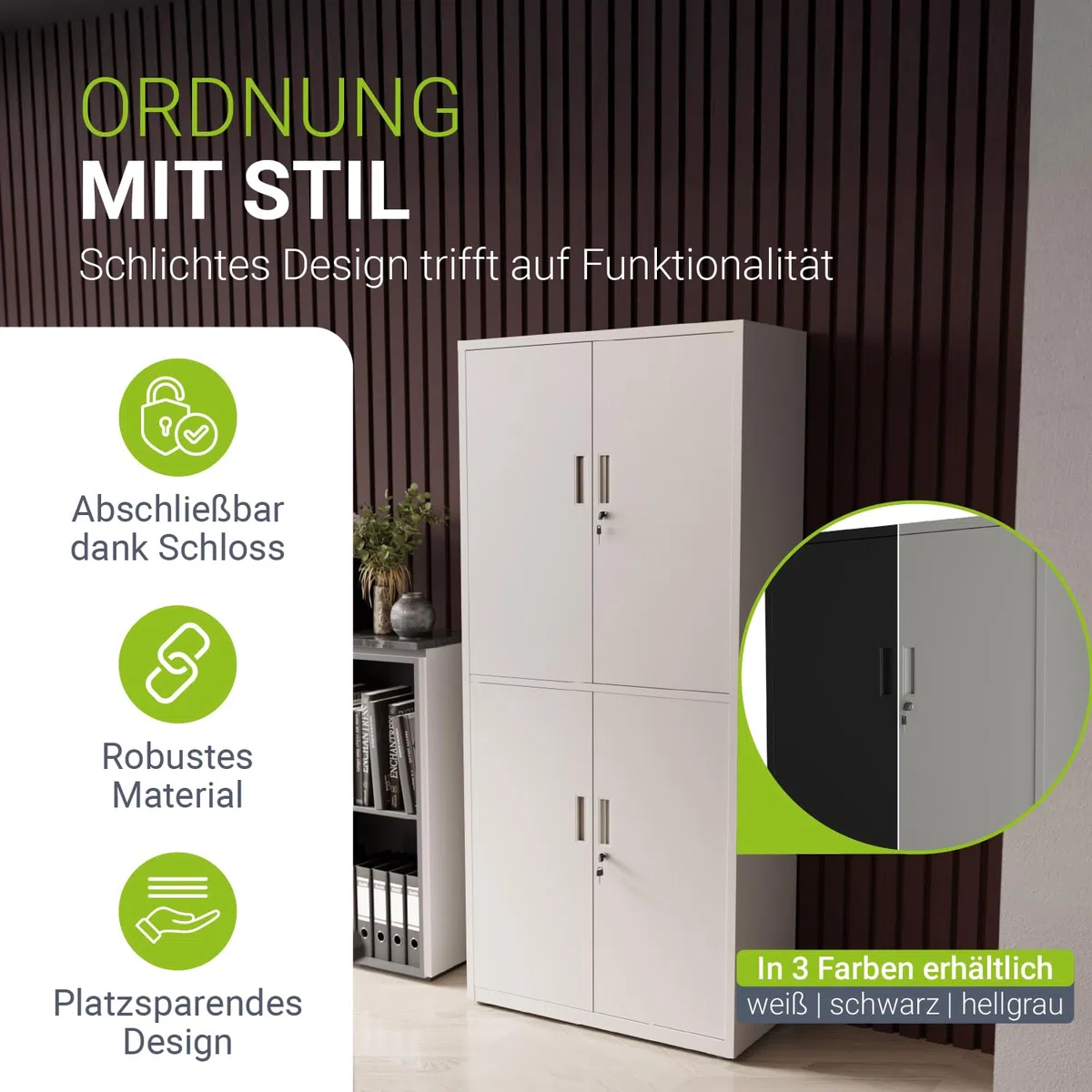 Juskys Armoire de Bureau en métal 180x80x40 cm – Armoire verrouillable en Acier avec 2 Portes, 3 étagères réglables & Pieds Ajustables – Blanc