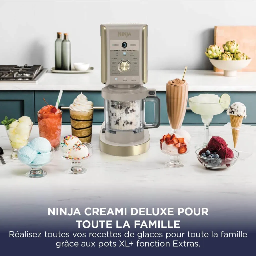 Ninja CREAMi Deluxe Machine a glace et sorbetière, 2 bacs, 10 fonctions, crème glacée, yaourts glacés, des milkshakes, des slush, Pièces amovibles lavables au lave-vaisselle, Stone/Or NC502EUSTGD