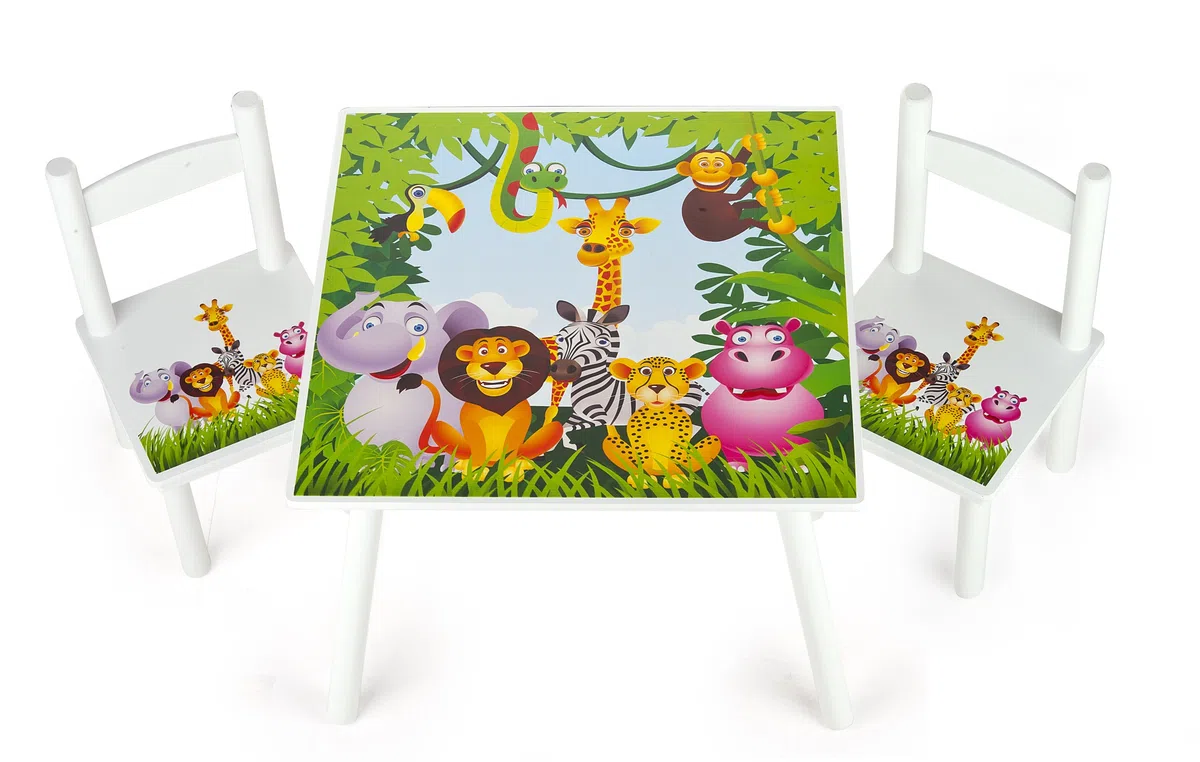 Leomark Table et 2 chaises Table pour Enfants Petit Bureau Couleur Blanc avec Motif Jungle Animaux Dimensions: L 60 x L 60 x H 42 Durable, Multiusage et Facile à Installer