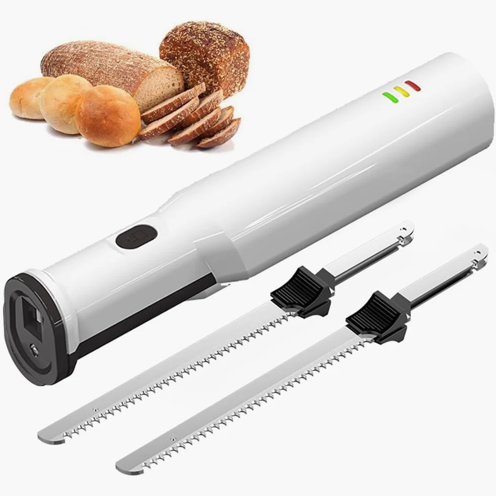 Couteau à viande électrique sans fil, à pain avec 2 lames dentelées de 8" en acier inoxydable, déclencheur de verrouillage de sécurité