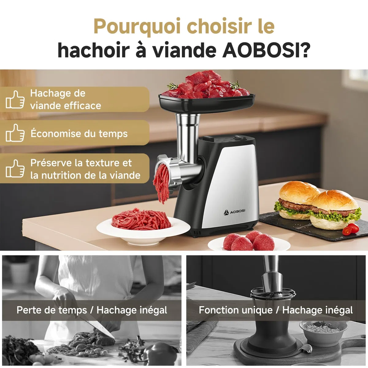 AAOBOSI Hachoir À Viande,Hachoir À Viande Électrique 4-En-1[2800 W Max]Avec 3 Lames Pour Trancher, Déchiqueter,2 Lames,3 Plaques,Farceuse À Saucisses,Kit Kubbe,Pour Cuisine À Domicile,Acier Inoxydable