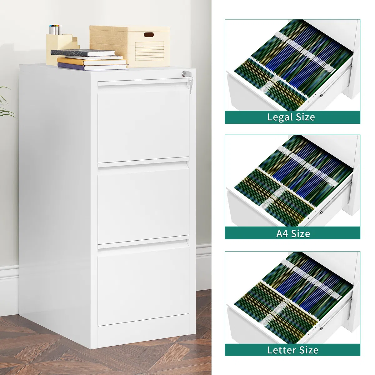 YITAHOME Armoire de classement avec 3 tiroirs verrouillables, armoire de classement à roulettes anti-basculement avec roulettes pour le bureau à la maison, meuble de classement sous pupitre, blanc, 62