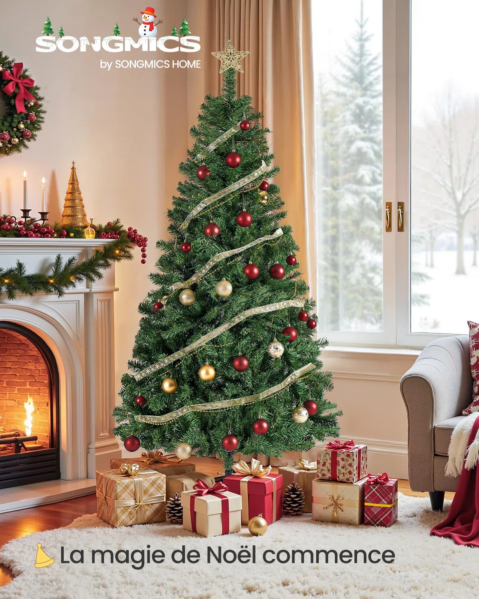 SONGMICS Sapin de Noël Artificiel, Sapin de 180 cm, Branches en PVC, avec Support en Métal, Montage Rapide, Vert LAT002CZ01