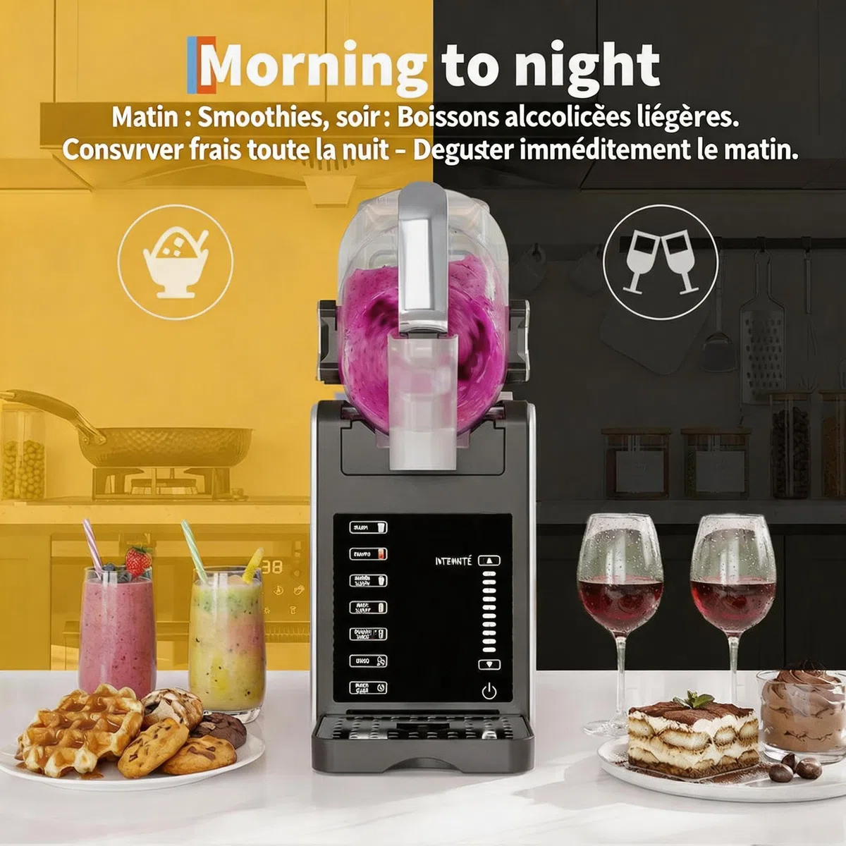 Machine à Granité 1,9L Sans Glace - 6 Programmes Automatiques, Autonettoyage, Écran LED, <45dB - Slush Maker pour Cocktails, Frappés, Milkshakes, Jus Glacés