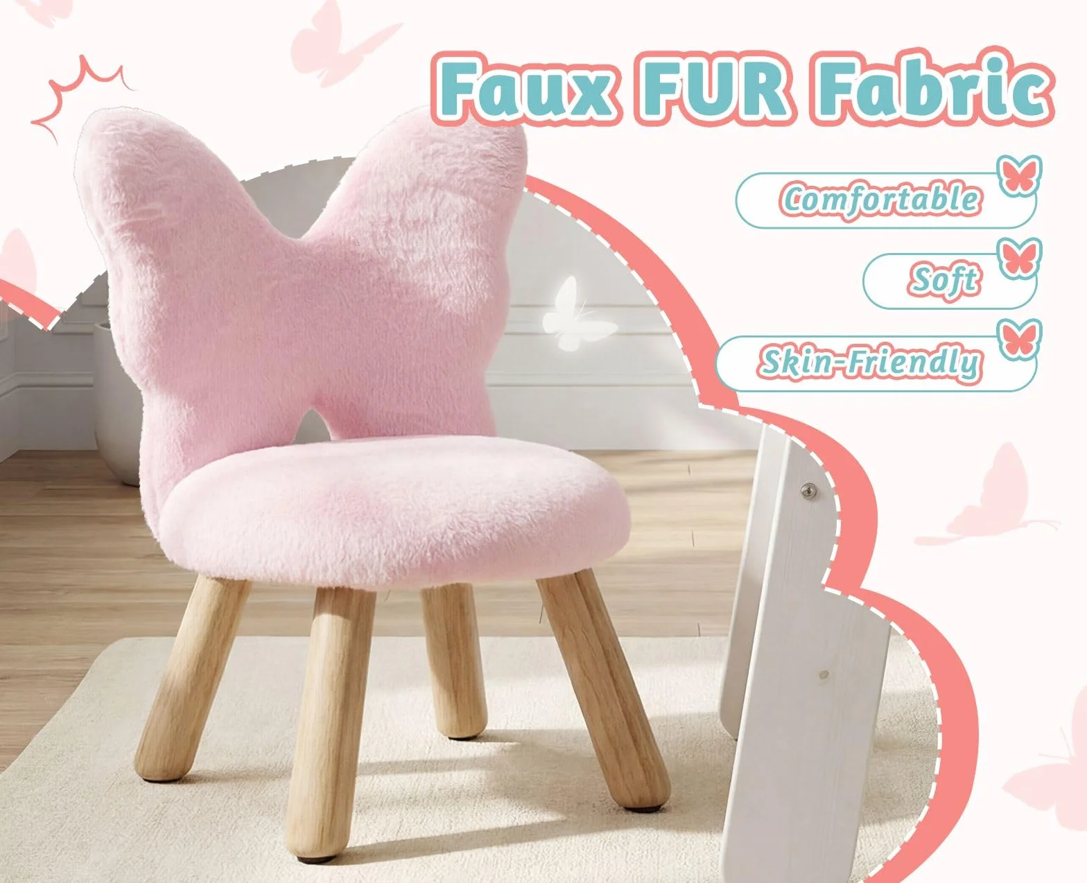 chairus Tabouret Enfant avec Dossier en Forme de Papillon, Chaise Enfant en Fausse Fourrure, Petit Tabouret Bois pour Chambre, Salon, Rose