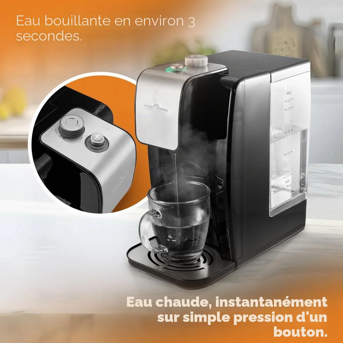 Distributeur d'eau chaude ProfiCook | eau chaude en 3 secondes | bouilloire électrique | capacité de 2,2 litres | boîtier en acier inoxydable | affichage en acier inoxydable | 2600 watts | PC-HWS 1168