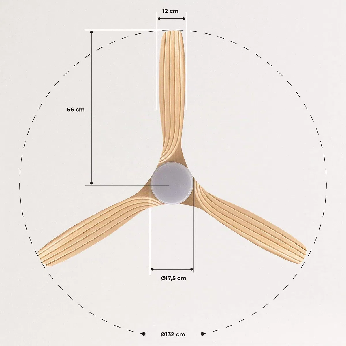 CREATE / WINDCUP/Ventilateur de plafond avec lumière et télécommande, blanc lames bois naturel / 40W, Silencieux, Ø132 cm, 6 vitesses, minuterie, été-hiver, double hauteur, moteur DC