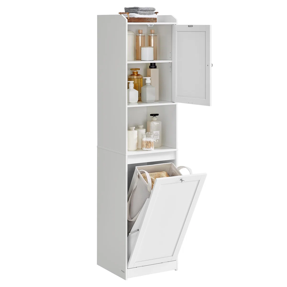 VASAGLE Meuble de Salle de Bain, Panier à Linge, Placard de Rangement Haut, avec Sac Intérieur Amovible avec Poignées, Compartiment avec Porte, 40 x 40 x 170 cm, Blanc Nuage BBC761W01