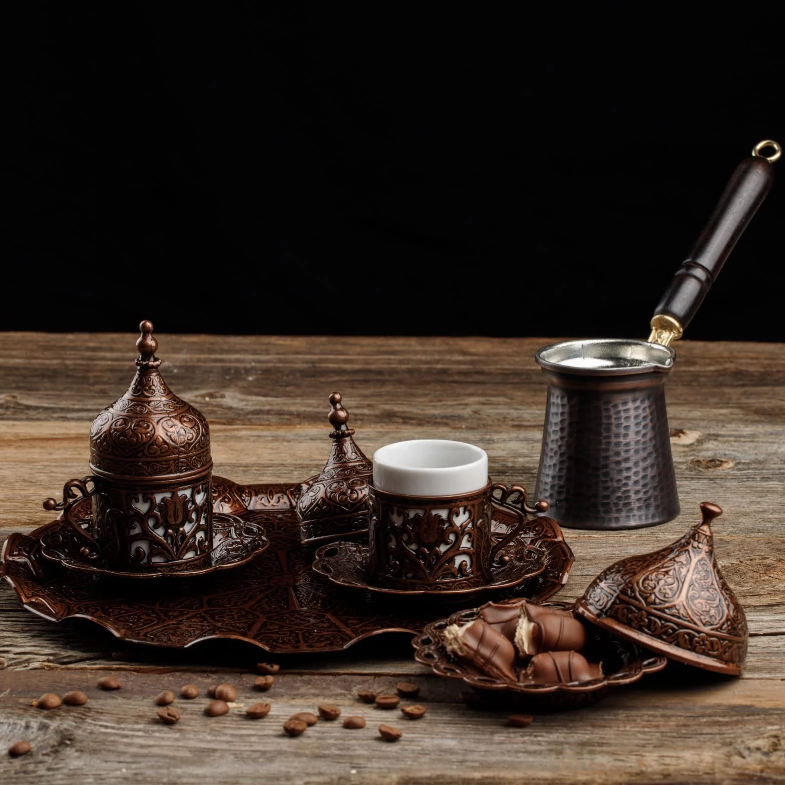 DEMMEX Lot complet de 12 tasses à café turc, grec, arabe avec tasses, soucoupes, couvercles, sucrier et cafetière en cuivre