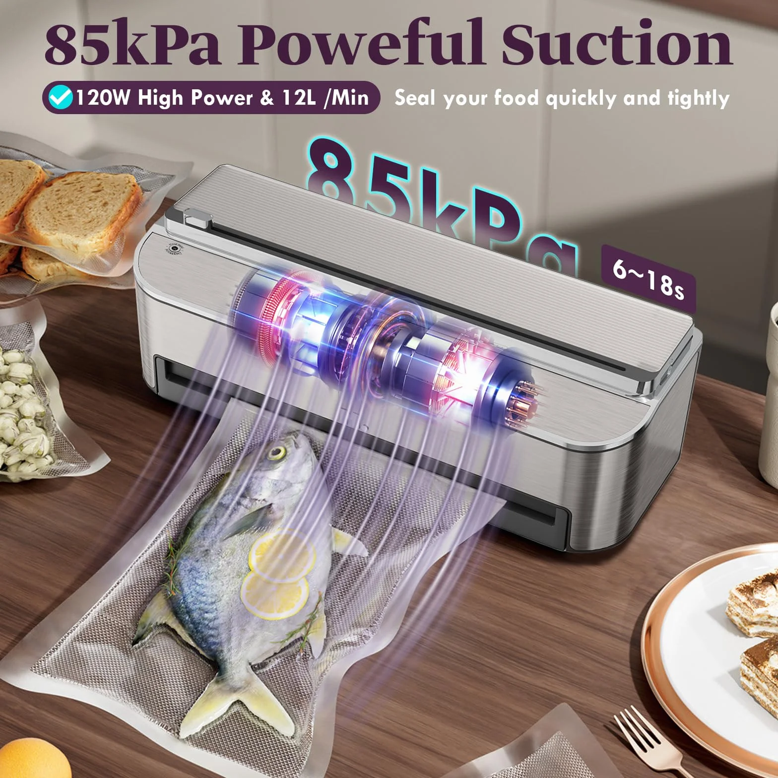 Mesliese 85 kPa 120 W Machine Sous Vide Alimentaire, Système D'étanchéité Puissant, Cutter Intégré, Rangement de Sacs, Mode Humide et Tuyau D'aspiration D'air, 2 Rouleaux de Sac (Argenté)