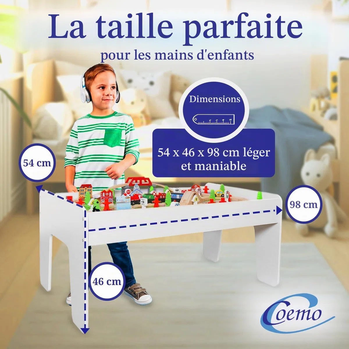 Coemo Table de jeu avec chemin de fer en bois - 91 pièces - Table multifonction pour les enfants - Pour jouer, bricoler, construire et améliorer la motricité - Superbe cadeau