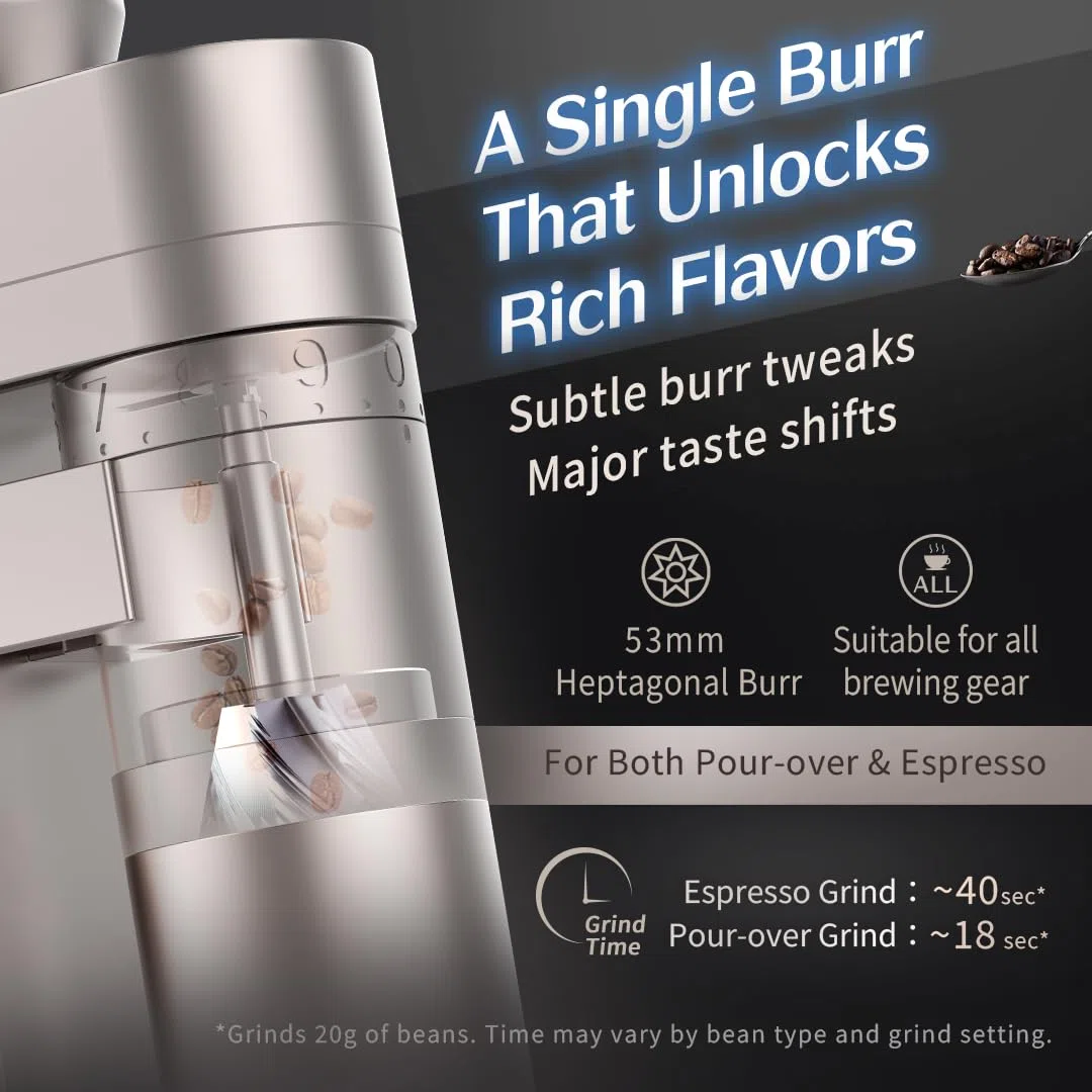 A5 Moulin à café électrique avec broyeur conique, noir | Moulin à café sans fil rechargeable par USB - Moulin à café conique en acier inoxydable de 53 mm - Pour expresso et verseur