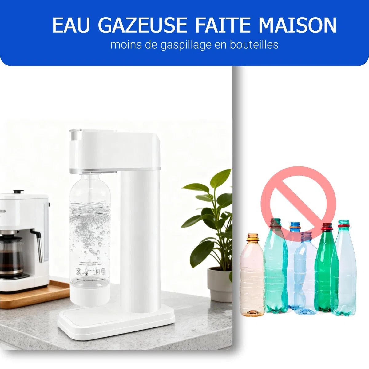 Machine à Soda Appareil à Gazeifier l'eau, Blanc A | inclus Bouteille PET 1 Litre, Sans BPA, Gazéification Domestique