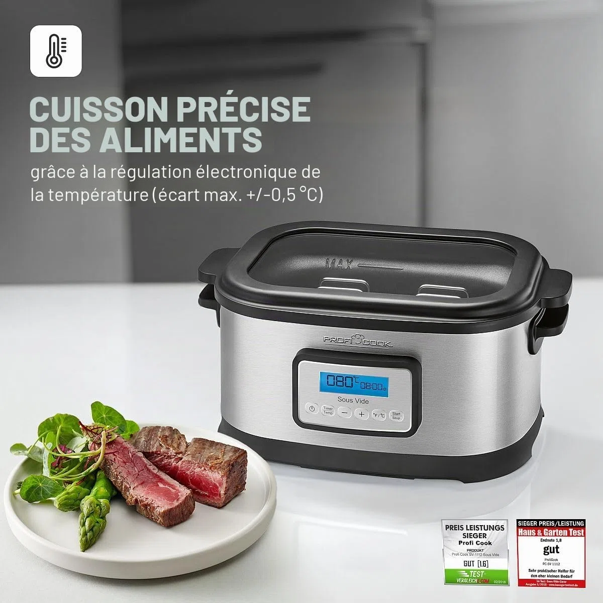 ProfiCook Cuiseur sous vide avec capacité de 8,5L | pour une cuisson précise | Cuve avec minuterie de 72 heures | Fonctions cuisson douce, yaourtière & maintien au chaud | PC-SV 1112