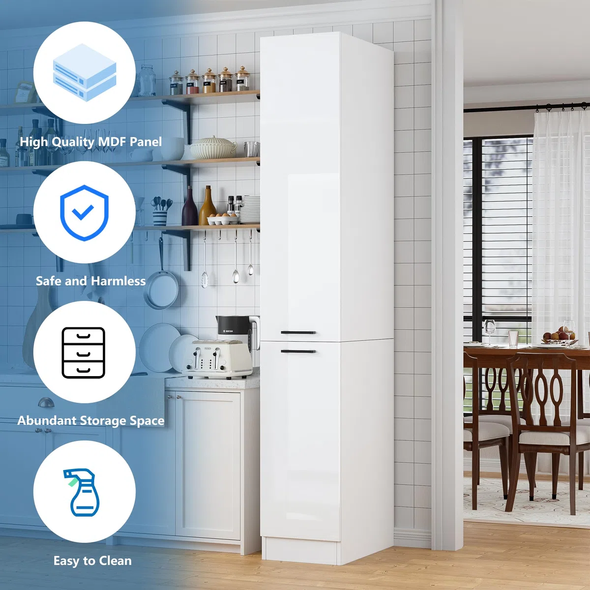 MSFE 207cm Meuble Haute de Cuisine, Meuble de Rangement Mince étroit à Tiroirs Coulissants,Moderne pour Pharmacie de Cuisine, Armoire Cuisines,207 * 56 * 30cm,Beaucoup d'espace de Rangement,Blanc bri