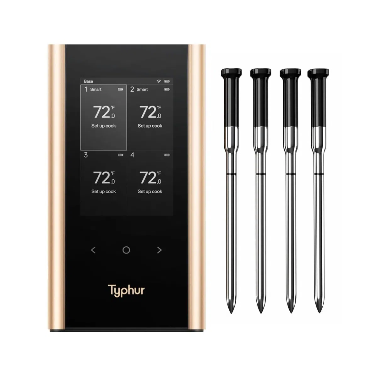 Typhur Sync Gold Thermomètre Cuisine Sans Fil, 4 Sondes, WiFi & Sub-1GHz, 6 Capteurs, Précision ±0,3℃, Application & Base Intelligente, IPX8, Sonde Barbecue pour Four Fumoir Gril Friteuse à Air