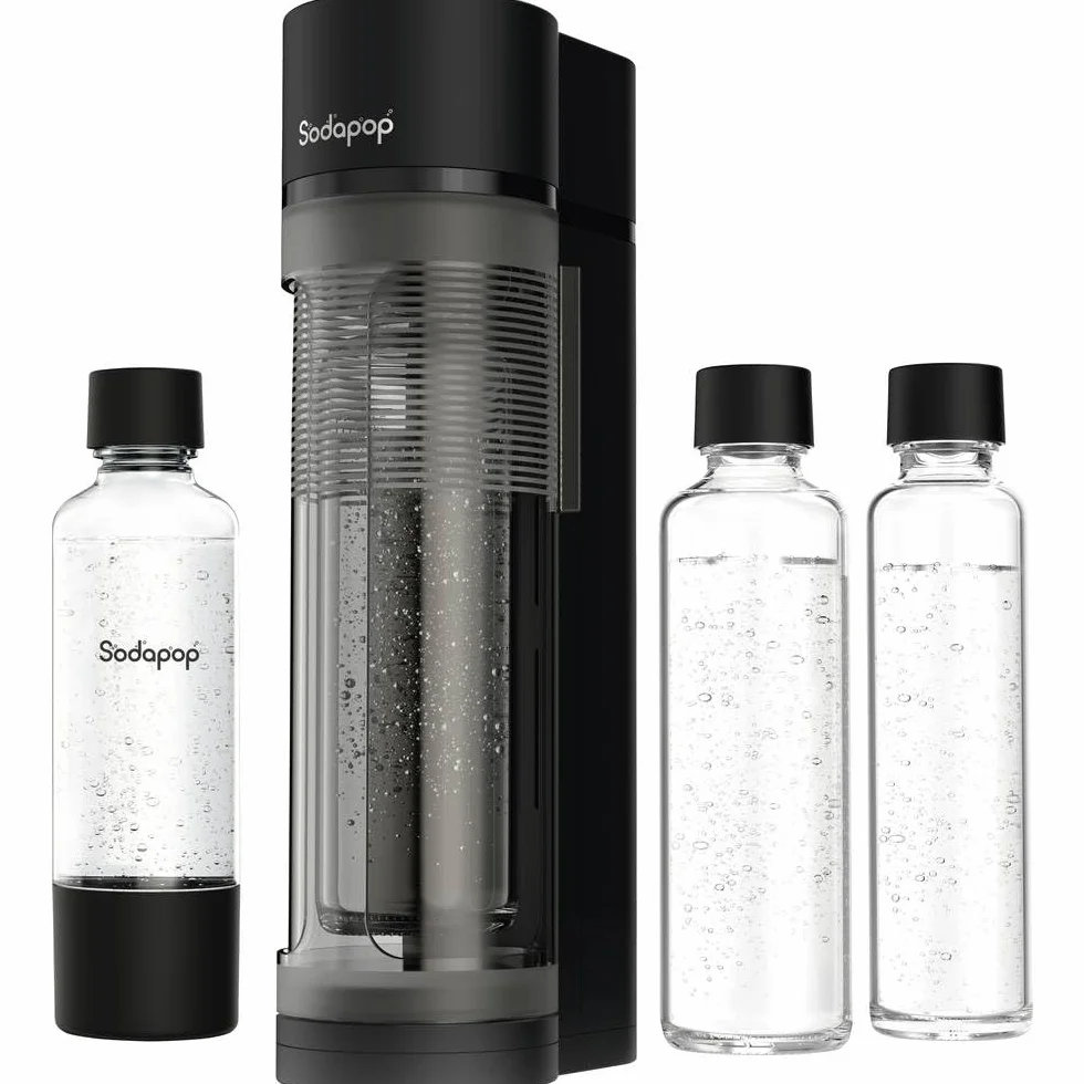 Sodapop Machine à gazéifier Logan, avec 2 bouteilles en verre (850 et 600 ml) et 1 bouteille en PET (850 ml), noir mat, hauteur 42,6 cm, sans cylindre de CO₂