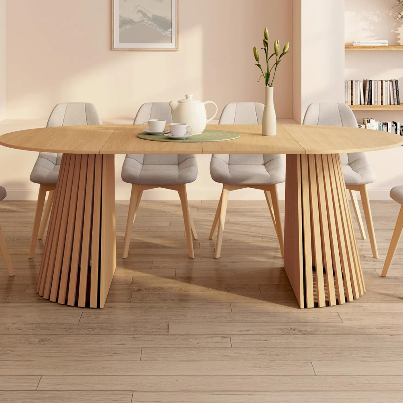 IDMarket - Table à Manger Extensible Ronde Carmen 4-10 Personnes Pied Bois en Lattes et Plateau Bois 110-200 cm