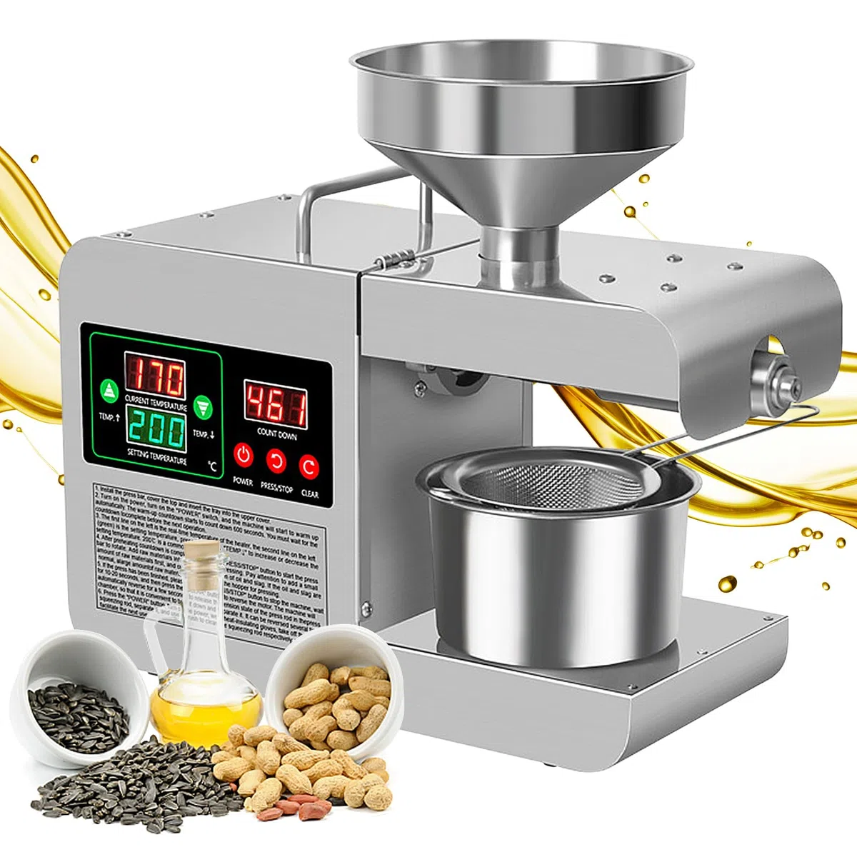 Presse à huile intelligente pour usage domestique, petite presse à huile en acier inoxydable, adaptée à l'extraction d'arachides, grande tête, graines de tournesol, graines de sésame, etc., capacité