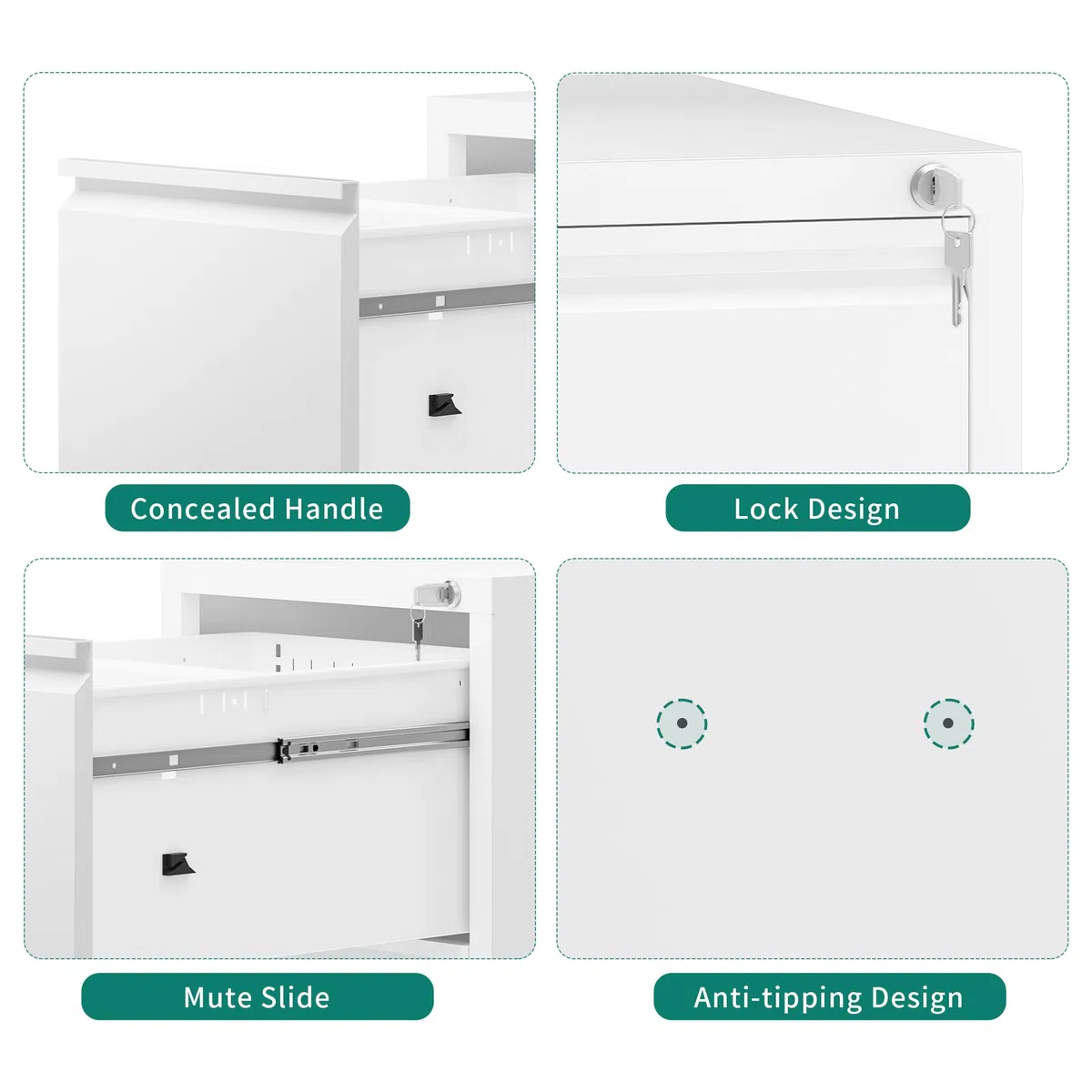 YITAHOME Armoire de classement avec 3 tiroirs verrouillables, armoire de classement à roulettes anti-basculement avec roulettes pour le bureau à la maison, meuble de classement sous pupitre, blanc, 62