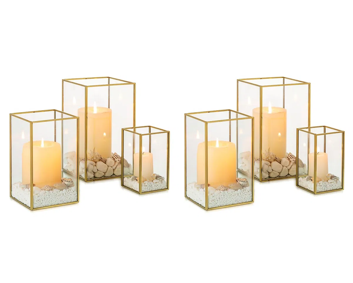 NUPTIO Lanterne Or en Verre Trempé Cheminée 6 Pièces pour Bougies Set Extérieur Carré Décoratif pour Mariage Noël Halloween Ornements Salon Tabletop Cheminée