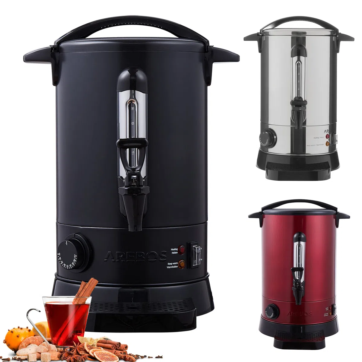 Arebos Distributeur de Boisson Chaudes 950W | Chaudière à eau 6,8L 30 Tasses | Marmite à Vin Chaud en Inox |Thé Café Soupe Dispositif de réchauffement |Thermostat | Réglage de la température 30-110°C