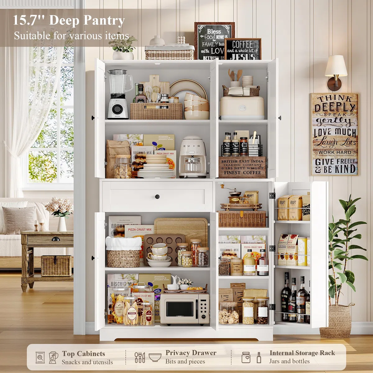 HOSTACK Armoire de Rangement Haute de 172 cm pour Cuisine et Garde-Manger, Meuble de Cuisine Moderne avec Portes et Étagères, Garde-Manger Autoportant avec Grand Tiroir de Rangement pour Salle à