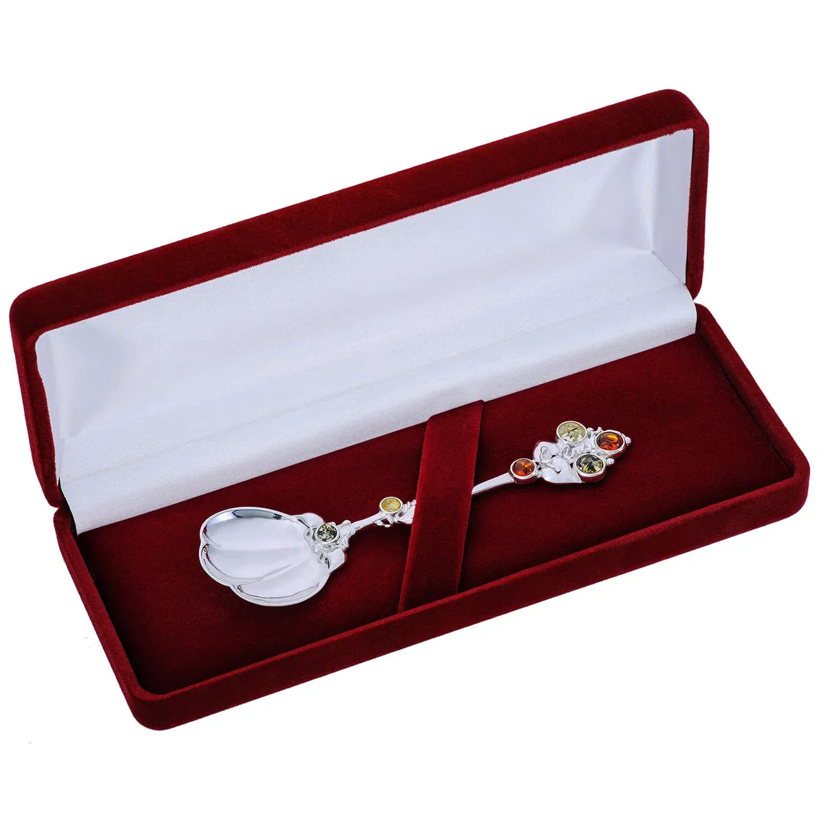 Cuillère en Argent Andalousie avec Ambre, Argent Sterling Poli, Ambre Baltique en Trois Couleurs, L. 10 cm