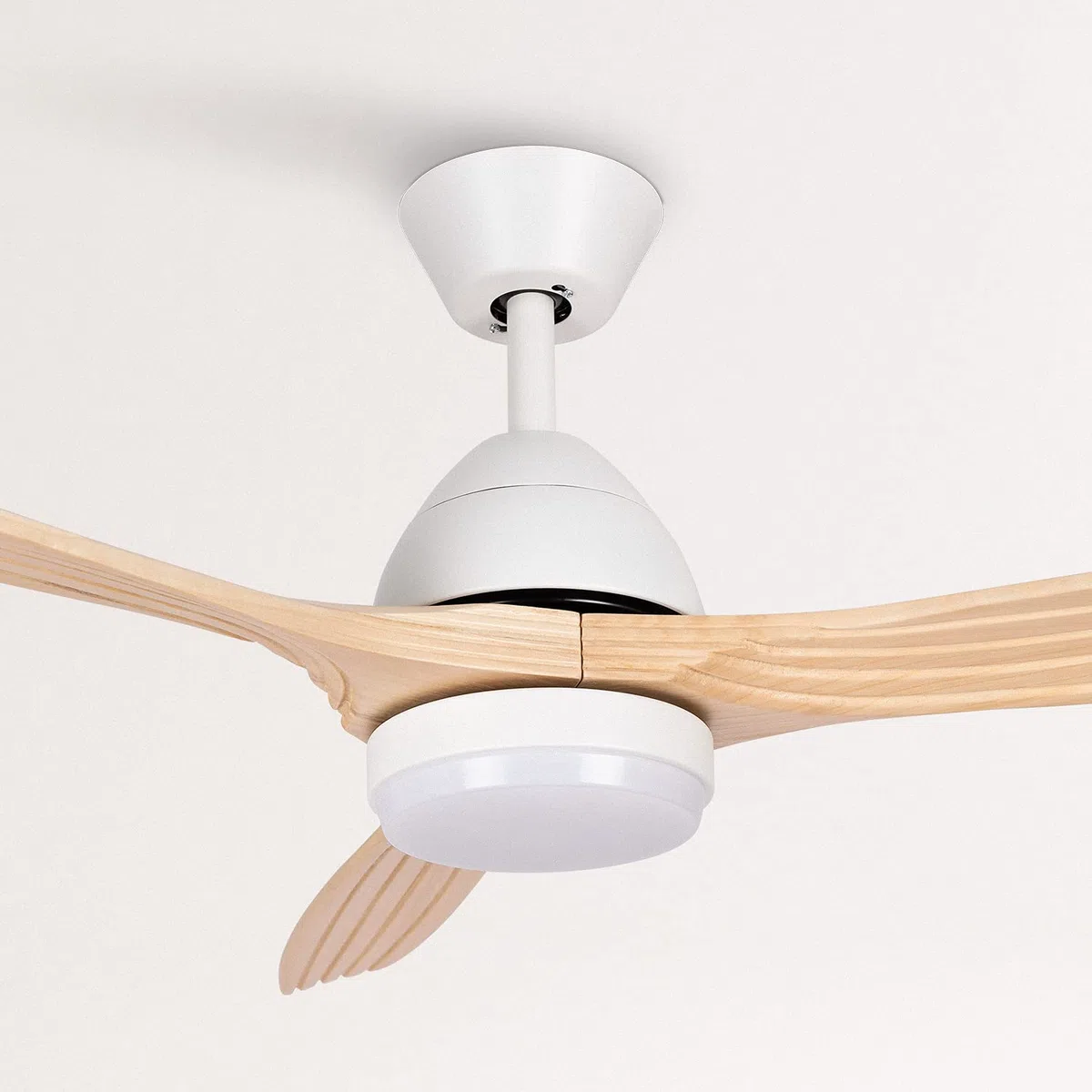 CREATE / WINDCUP/Ventilateur de plafond avec lumière et télécommande, blanc lames bois naturel / 40W, Silencieux, Ø132 cm, 6 vitesses, minuterie, été-hiver, double hauteur, moteur DC