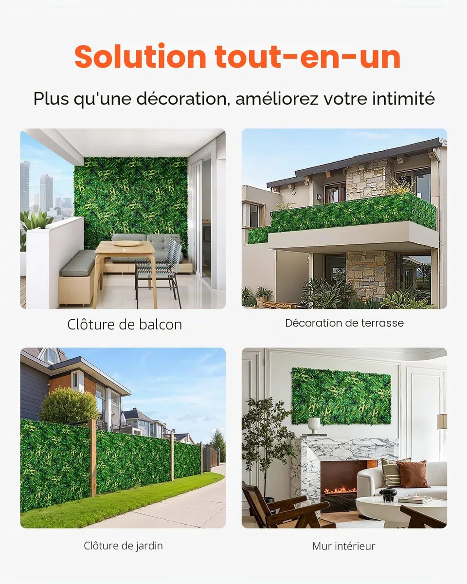 VEVOR Mur Végétal Artificiel 12 PCS Panneau Mural Décoratif Plante Artificielle 3D Emboîtable, 50x50 cm, pour Décoration Intérieure Extérieure, Couverture de Clôture en Lierre, Brise-vue Mural Jardin