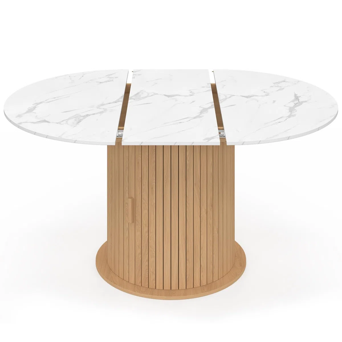 IDMarket - Table à Manger Extensible Ronde Juliette 4-8 Personnes Pied Lattes avec Rangement et Plateau Effet marbre Blanc 110-150 cm