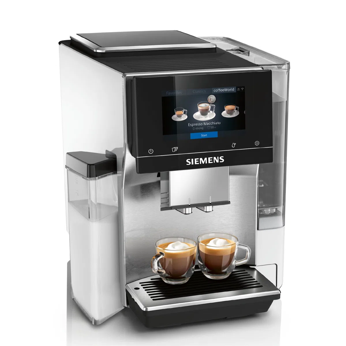 SIEMENS, machine à café à grain automatique, EQ700, écran iSelect, coffeeWorld, Cold Brew, Slow Brew, bac à lait, adaptateur briques de lait, Home Connect, acier inoxydable, blanc, TQ715R03 integral