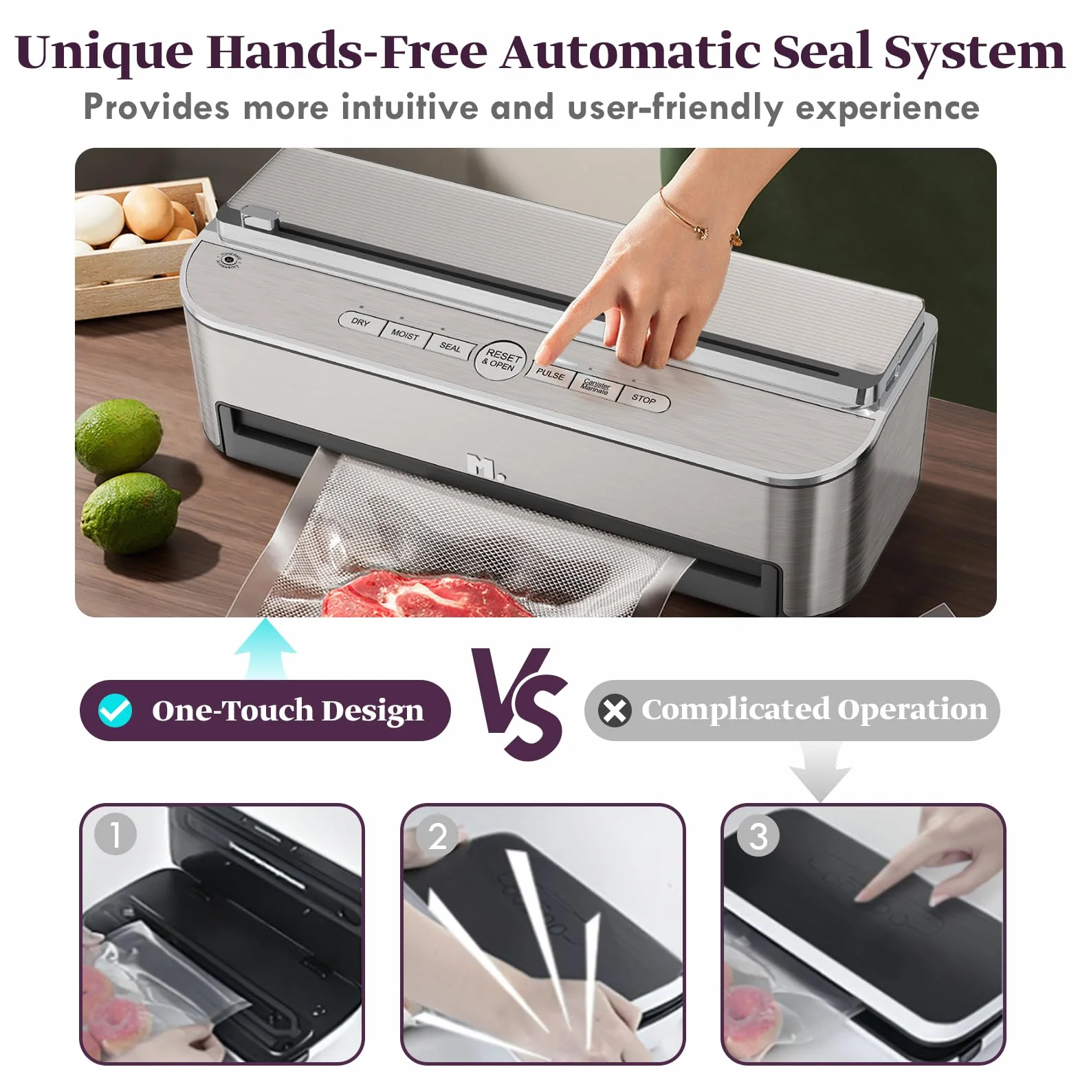 Mesliese 85 kPa 120 W Machine Sous Vide Alimentaire, Système D'étanchéité Puissant, Cutter Intégré, Rangement de Sacs, Mode Humide et Tuyau D'aspiration D'air, 2 Rouleaux de Sac (Argenté)