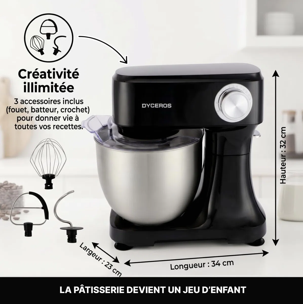 Robot pâtissier Dyceros Impastia 800W | Bol en acier inoxydable 5 L, 6 vitesses + turbo – Kit pâtisserie inclus