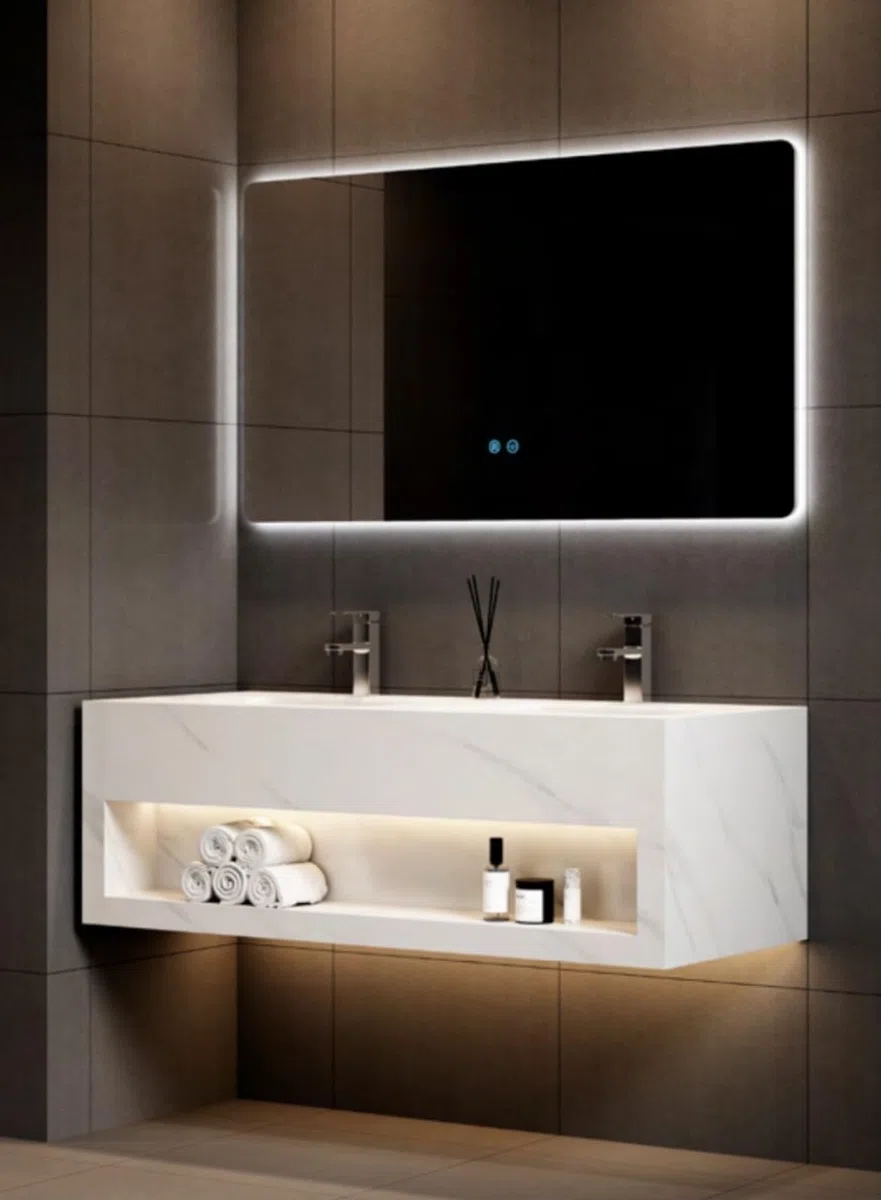 Générique Pack Meuble Double Vasque Design LED 120cm Blanc Effet marbre en Ceramique + Miroir LED 120 cm (120)