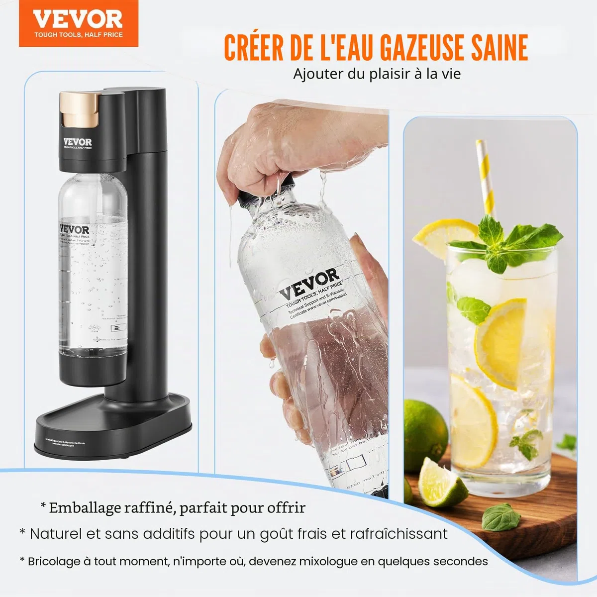 VEVOR Machine à eau gazeuse, machine à eau pétillante et soda pour gazéification domestique avec 2 bouteilles PET de 1 L sans BPA, compatible avec le cylindre de CO2 60 L à visser (non inclus), noir